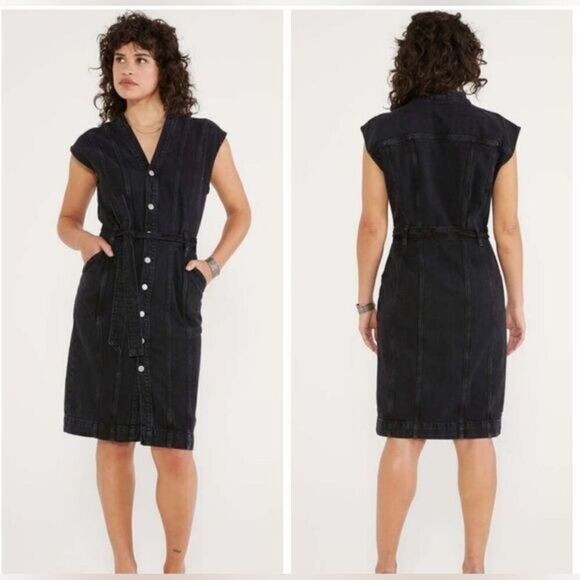 NWT ETICA Women’s ISSA Seamed Denim Dress - Black Rock Button Down - Size S - Picture 1 of 9